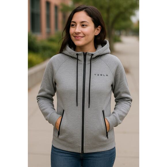 Tesla Women’s Large Gray Full Zip Hoodie Jacket Techwear Logo Pockets - Picture 1 of 11